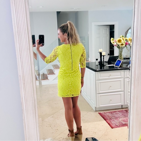 Spence Petite neon green/Citron lace 3/4 sleeve fitted lace midi dress EUC - Picture 2 of 16